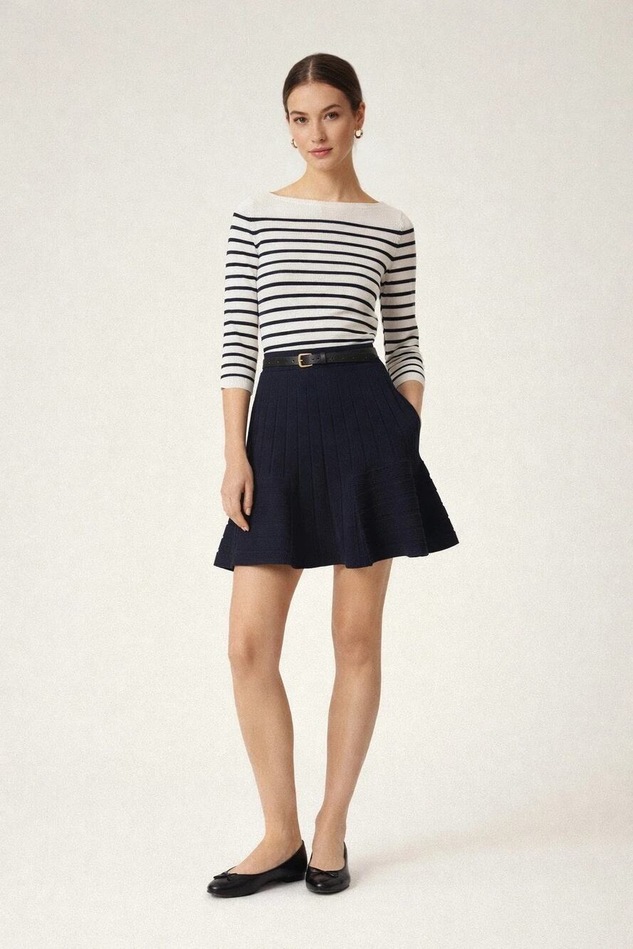 Sandro A-Line Skirt Women Size 3 Navy Stretch Rib Knit Structured Pleats Pull-On